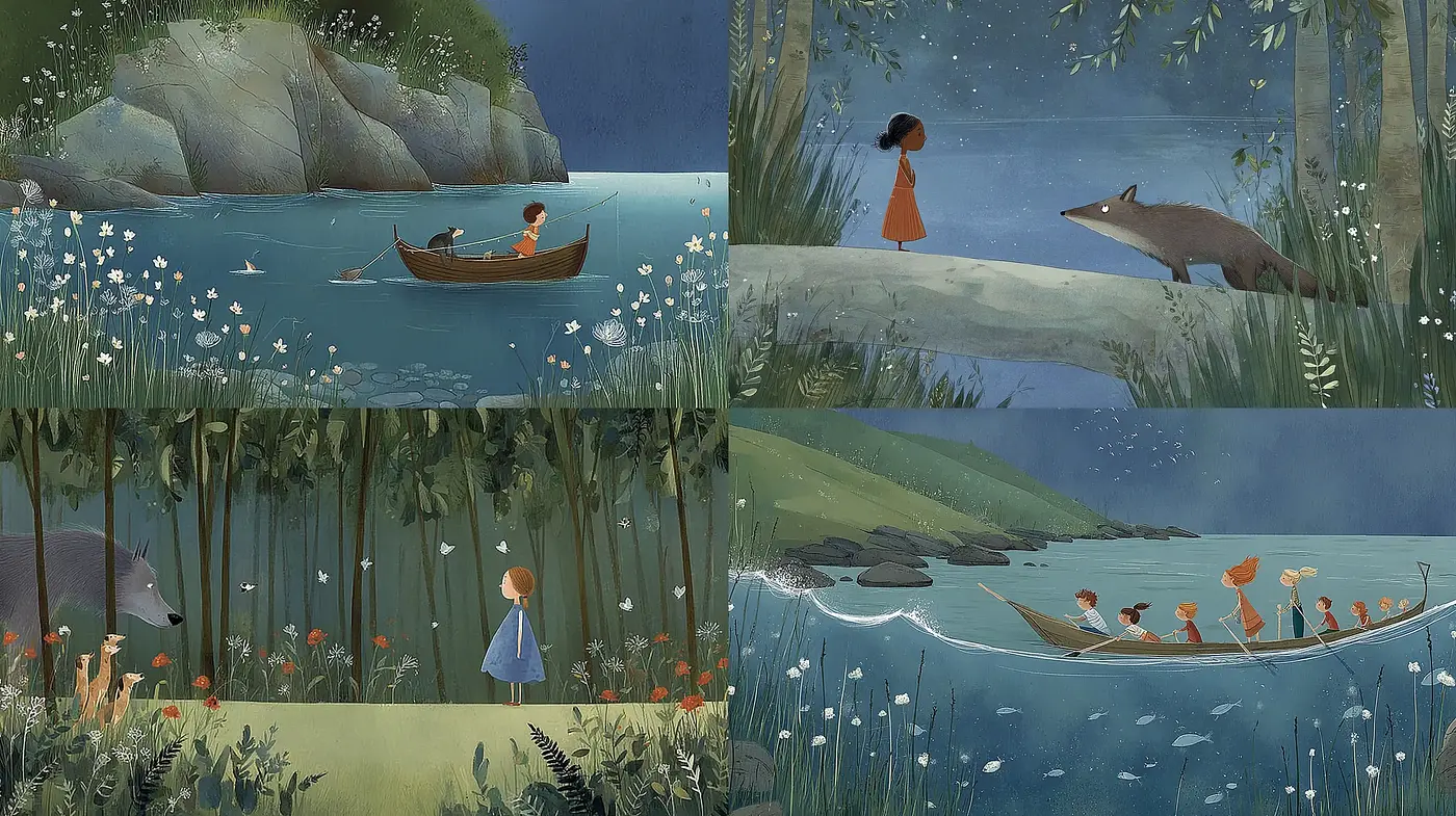 Charming, whimsical illustrations infused with a serene narrative quality - Midjourney sref style