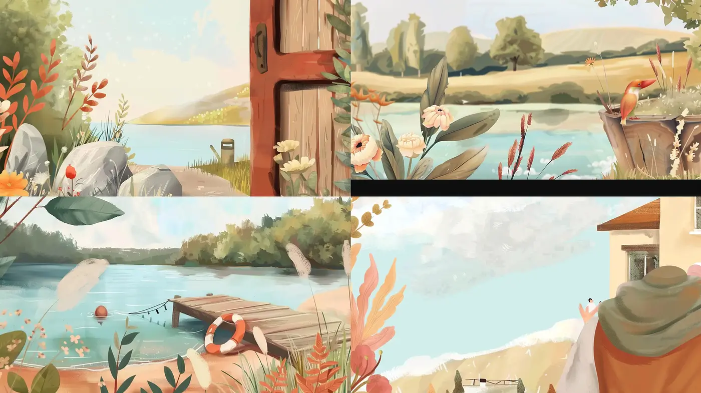 Serene Pastoral Vistas with Warm Botanical Accents - Midjourney sref style