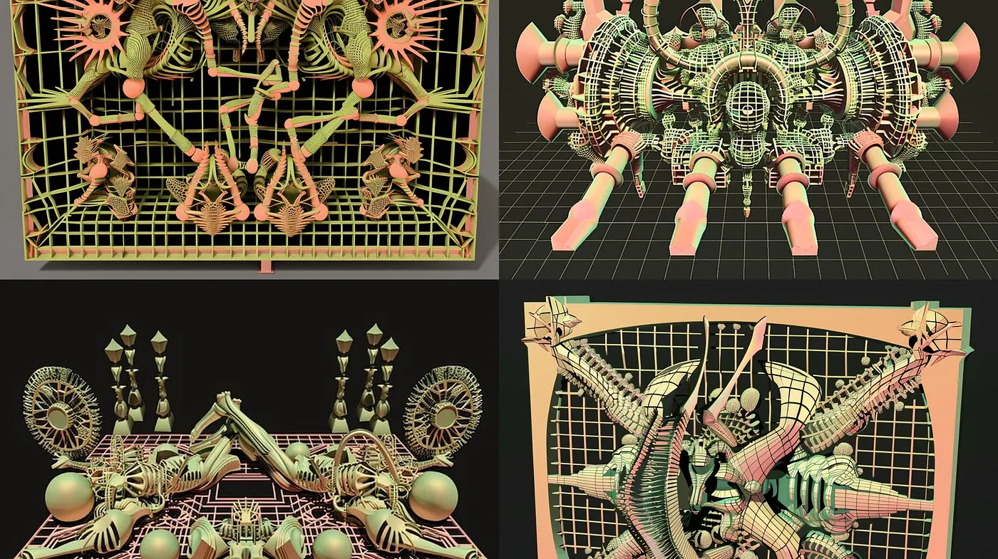 Futuristic Mechanical Symmetry with Retro Color Palette - Midjourney sref style