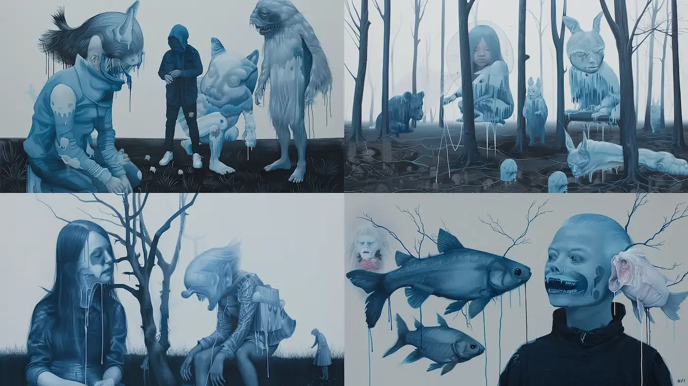 Eerie and Surreal Blue-toned Illustrations with Haunting Themes - Midjourney sref style