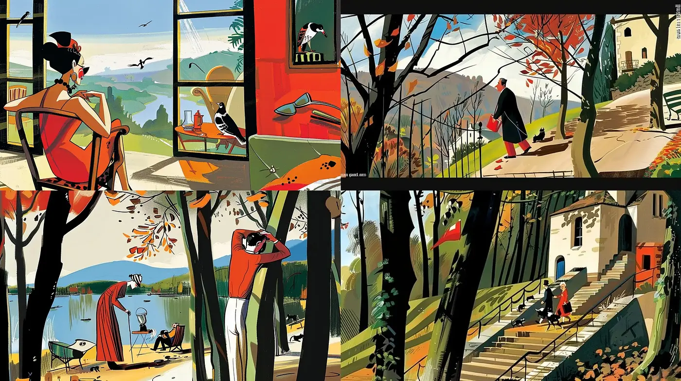 Vibrant Autumnal Storybook Illustrations - Midjourney sref style