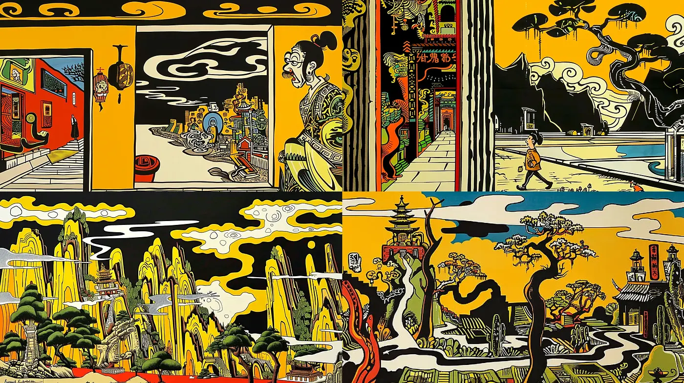 Eclectic Fusion of Eastern Line Art and Vintage Comic Book Aesthetics - Midjourney sref style