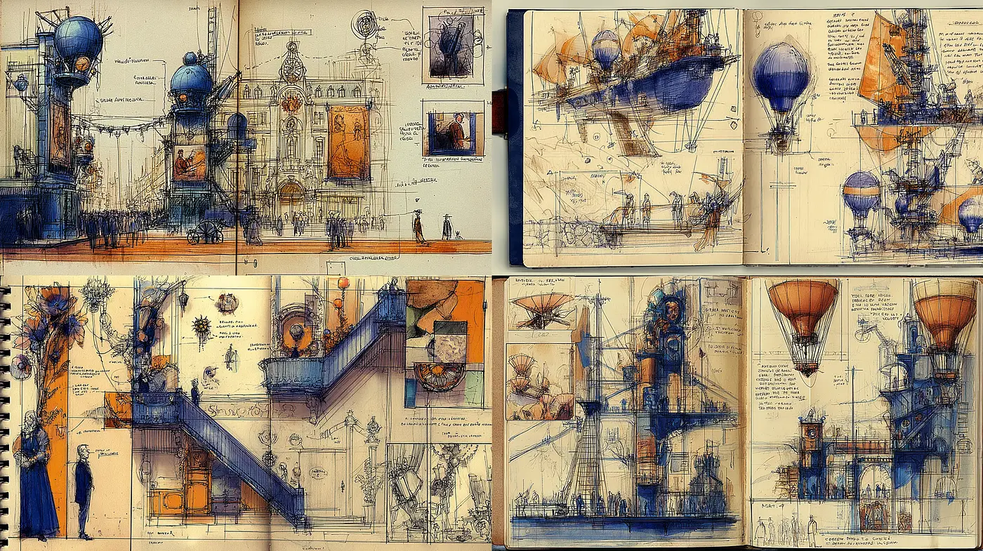 Intricate and imaginative steampunk sketches with a vintage narrative - Midjourney sref style