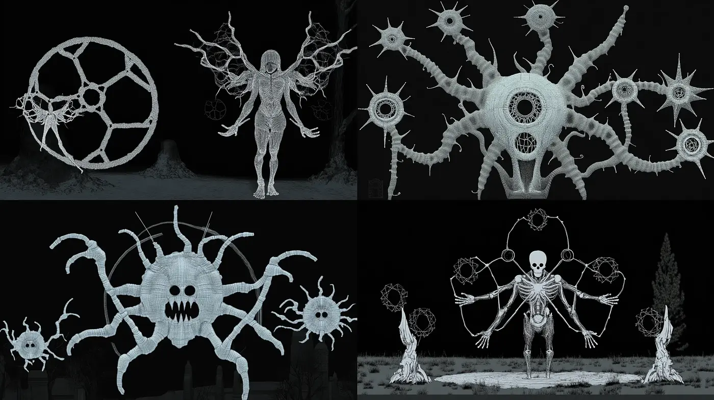Ethereal Monochrome Dreamscape: An Exploration of Surreal Forms and Gothic Tones - Midjourney sref style