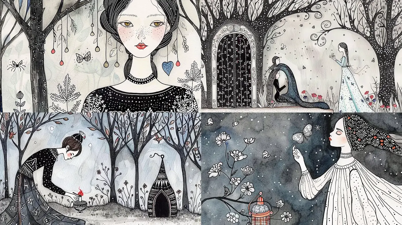 Whimsical, Illustrative Fantasy With a Touch of Dark Enchantment - Midjourney sref style