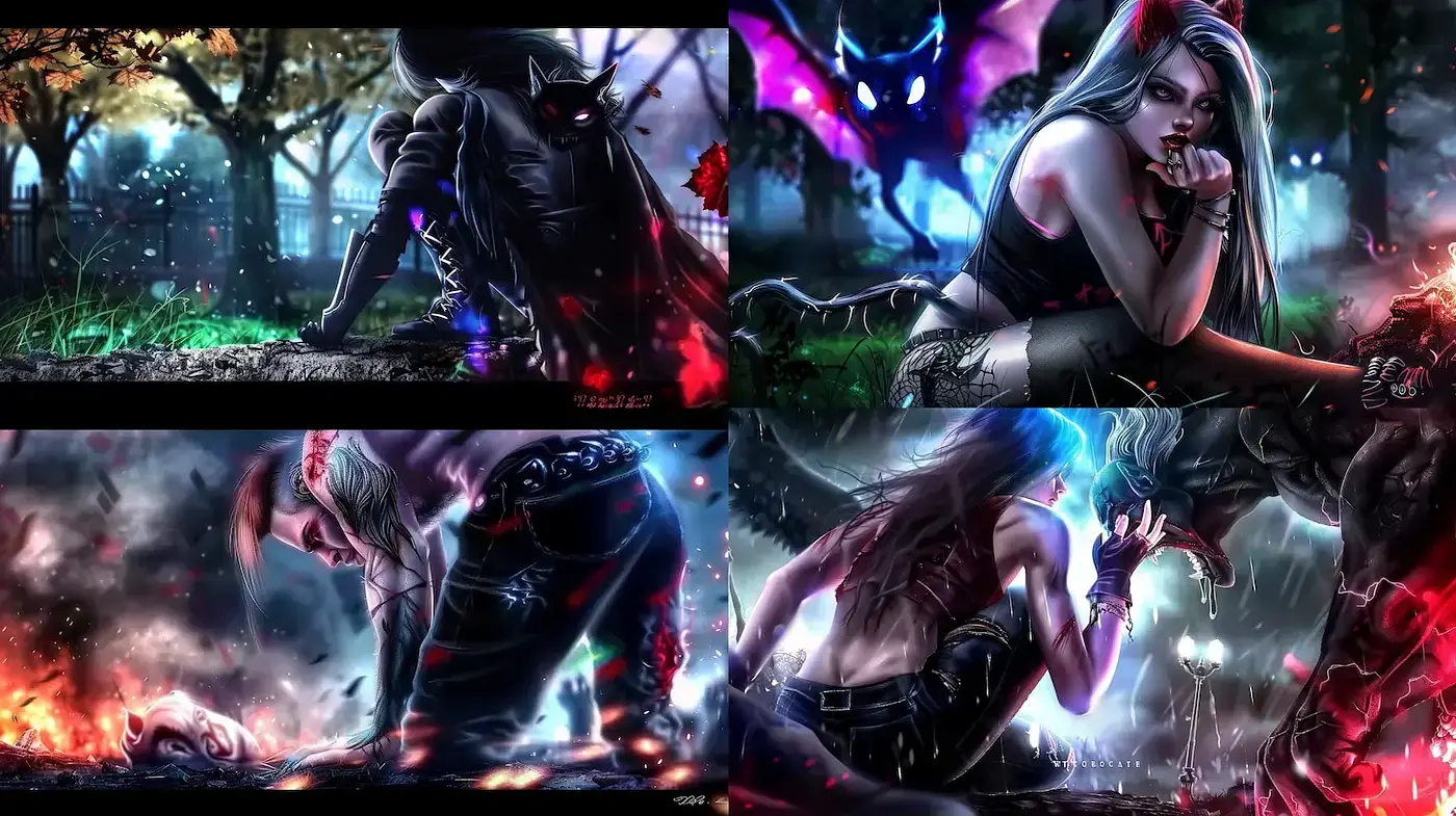 Dynamic and Dark Fantasy Artwork with Neon Accents - Midjourney sref style