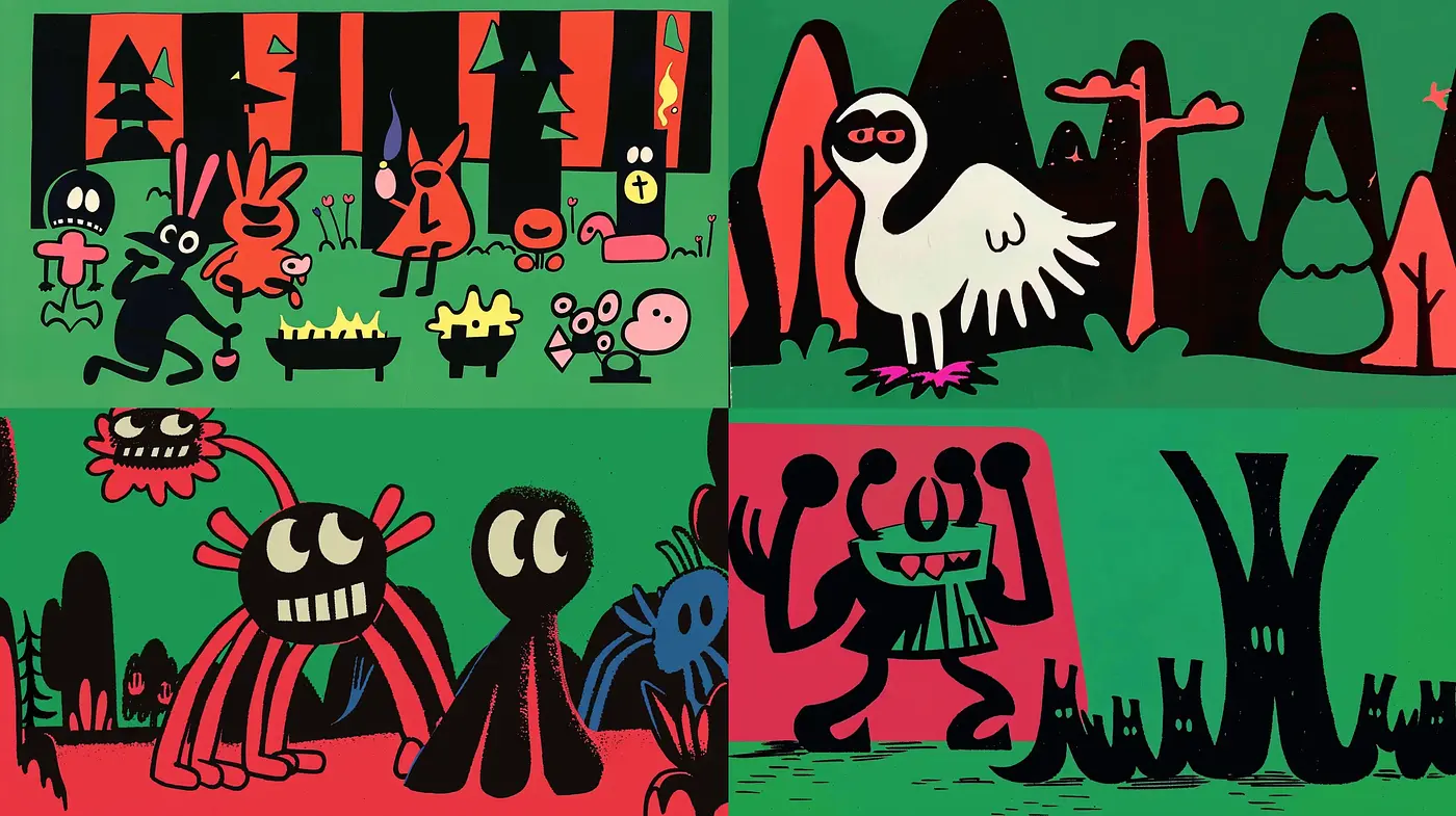 Whimsical Silhouette Contrasts in a Vivid Cartoon Dreamscape - Midjourney sref style