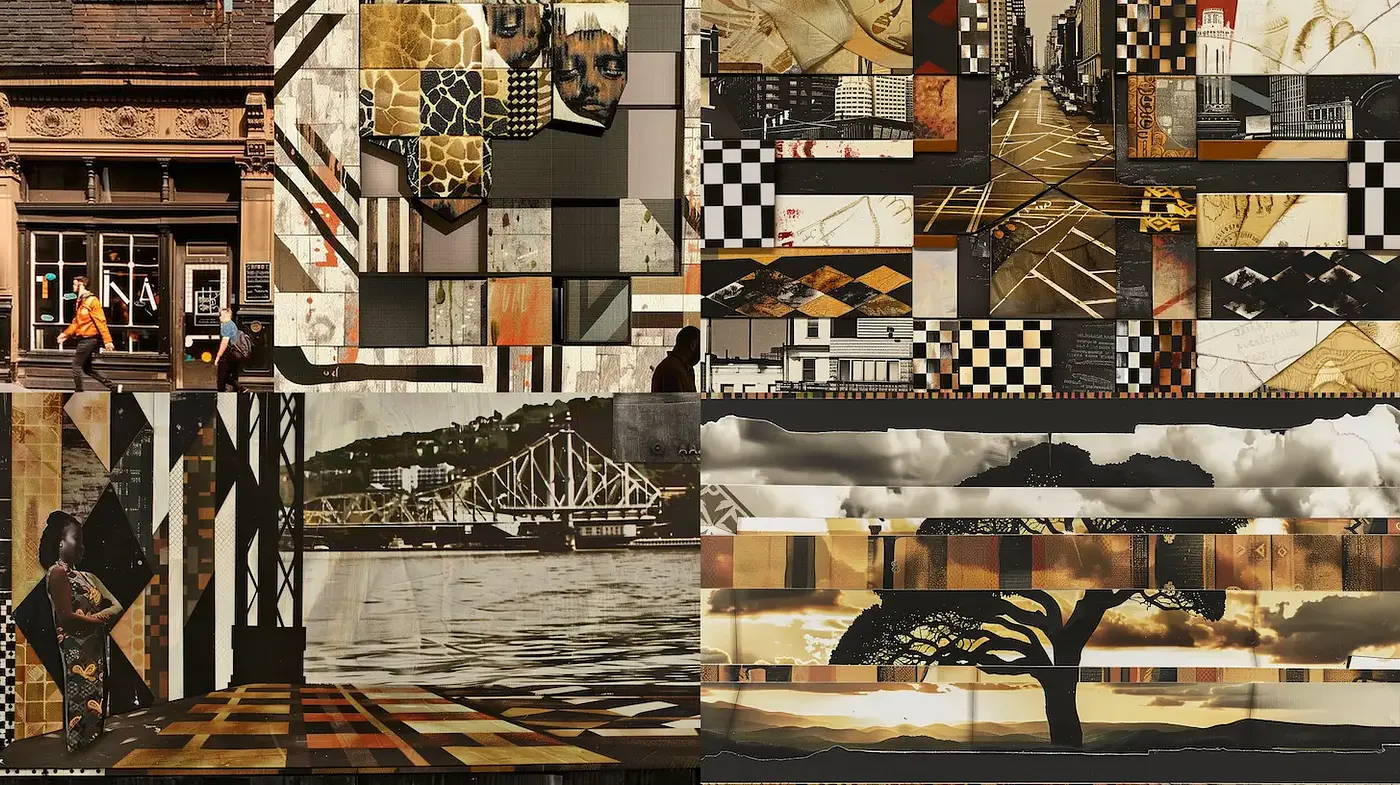 Dynamic Tapestry of Urban and Natural Elements with Retro Aesthetics - Midjourney sref style