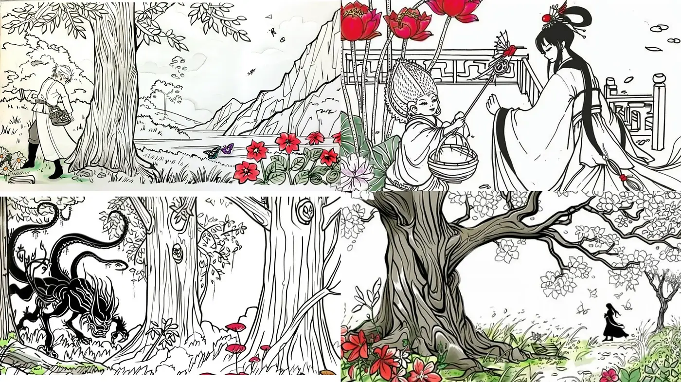 Ethereal Monochrome Ink Wash with Vivid Floral Accents - Midjourney sref style