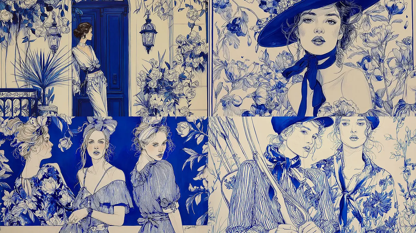 Elegant Blue Floral Portraiture with Vintage Charm - Midjourney sref style