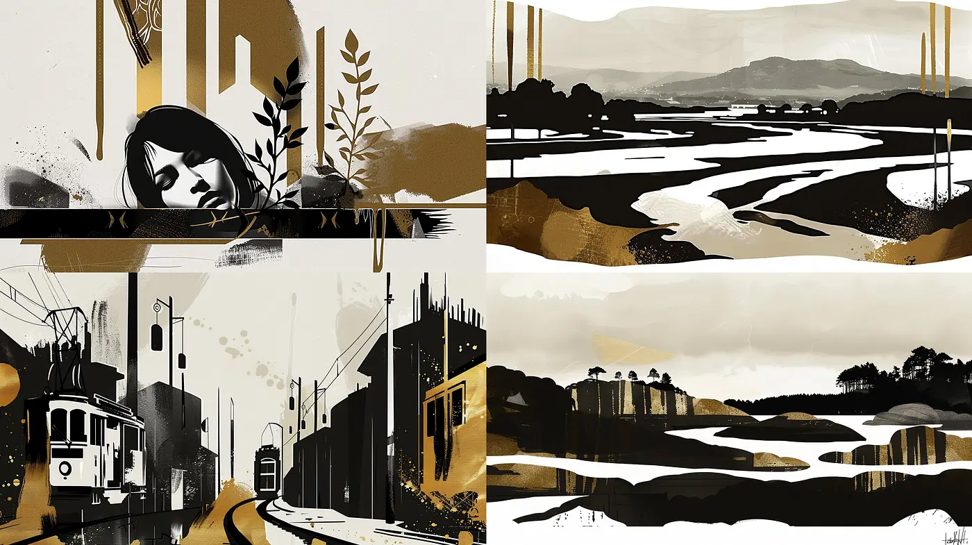 Monotone Nostalgia: A Sepia-Toned Landscape Melding - Midjourney sref style