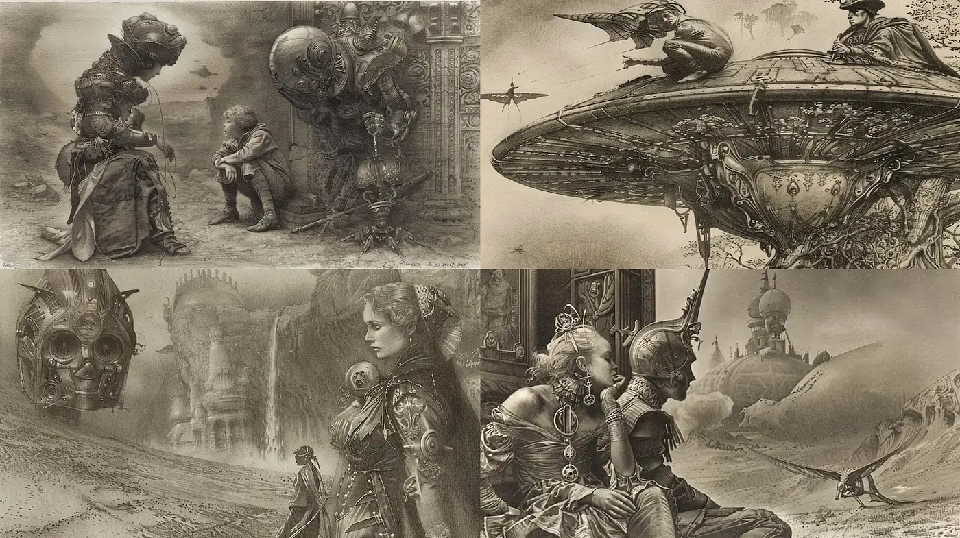 Steampunk Inspired Surrealistic Monochrome Art with Futuristic Elements - Midjourney sref style