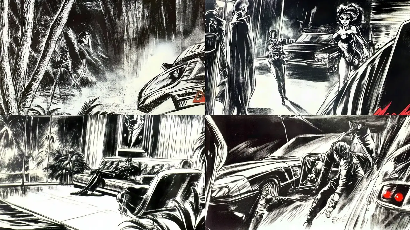 Monochromatic Noir Dynamism with Graphic Novel Flair - Midjourney sref style