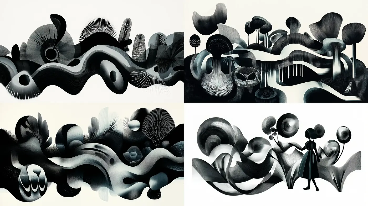 Surrealist Dreamscape in Monochromatic Fluidity - Midjourney sref style