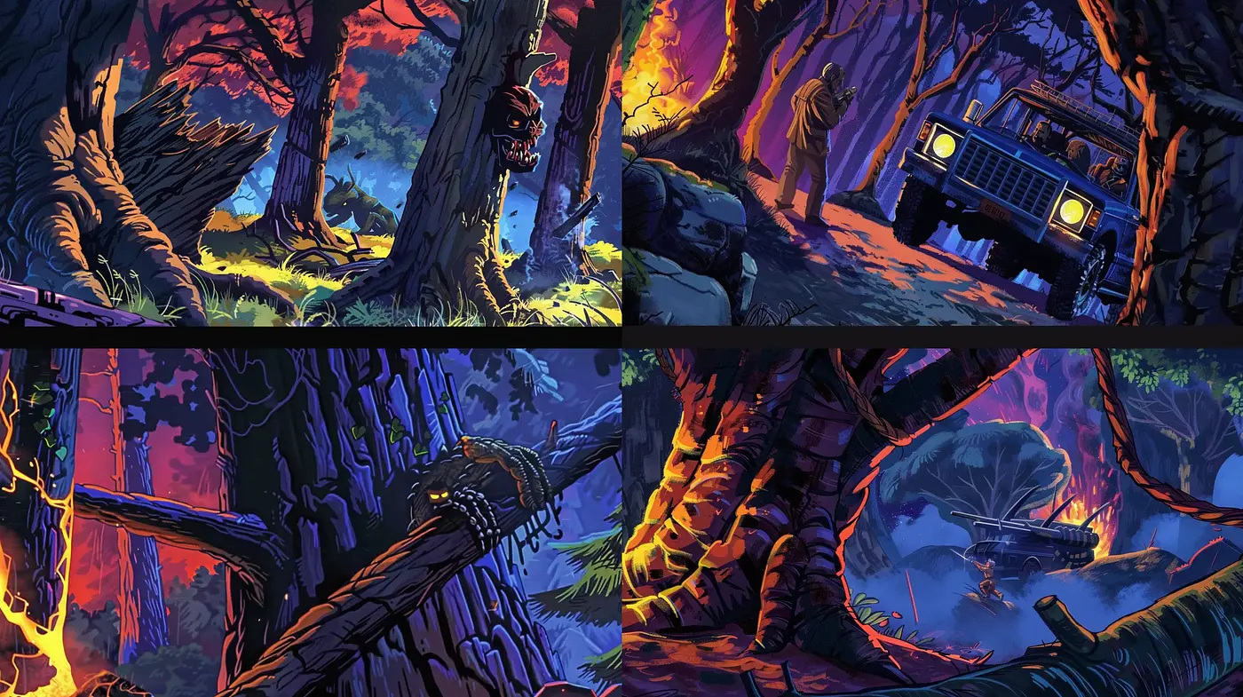 Neon-Noir Wilderness: A Fusion of Vivid Colors and Dark Shadows in Nature - Midjourney sref style