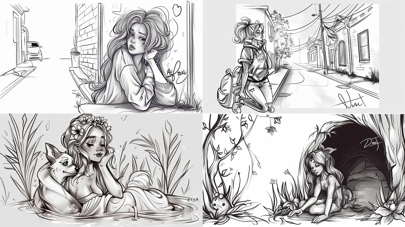 Contemporary monochrome illustrations with whimsical characters and urban elements - Midjourney sref style