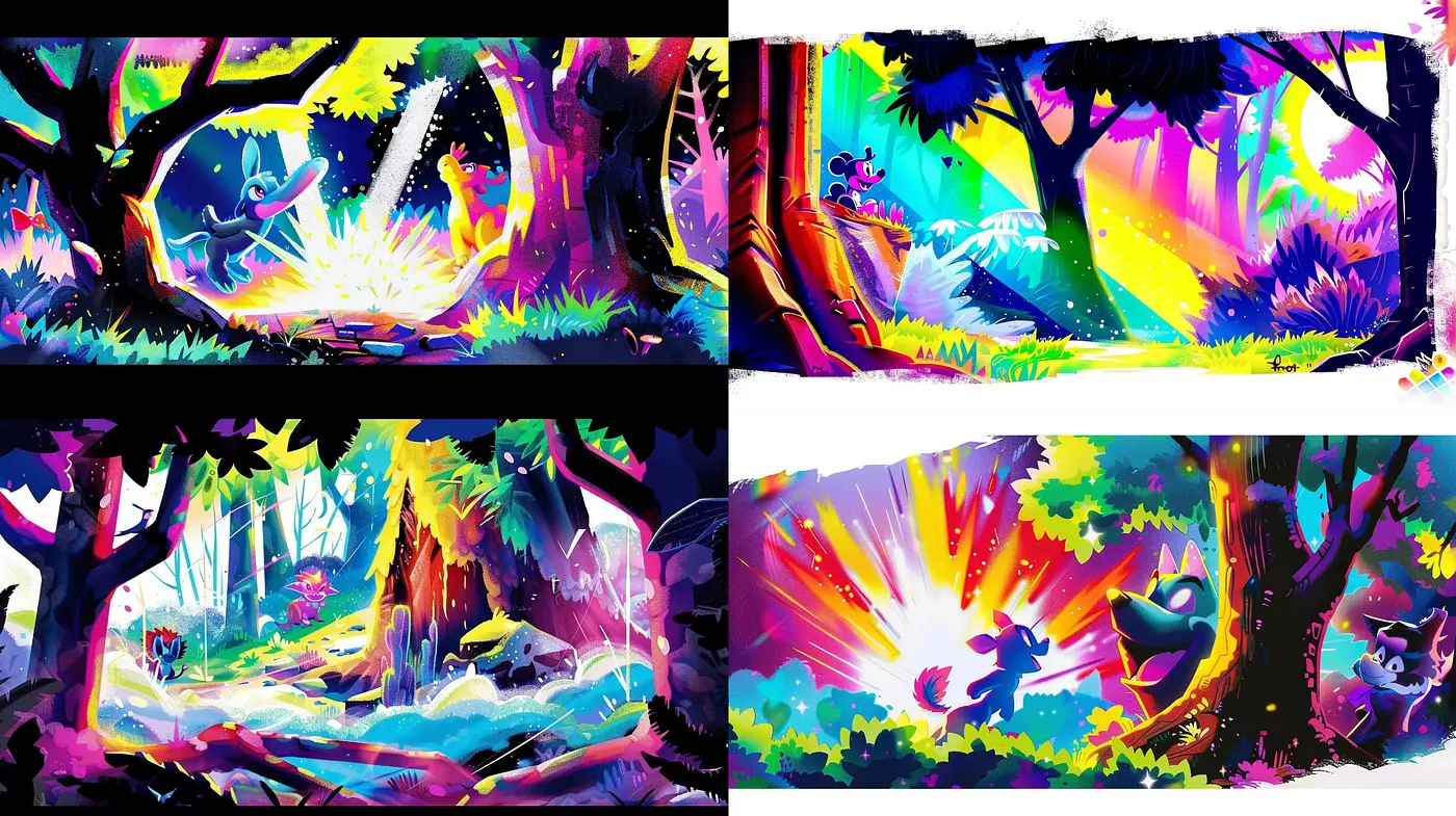 Vibrant Fantasia Forest: An Electric Spectrum of Nature's Dream - Midjourney sref style
