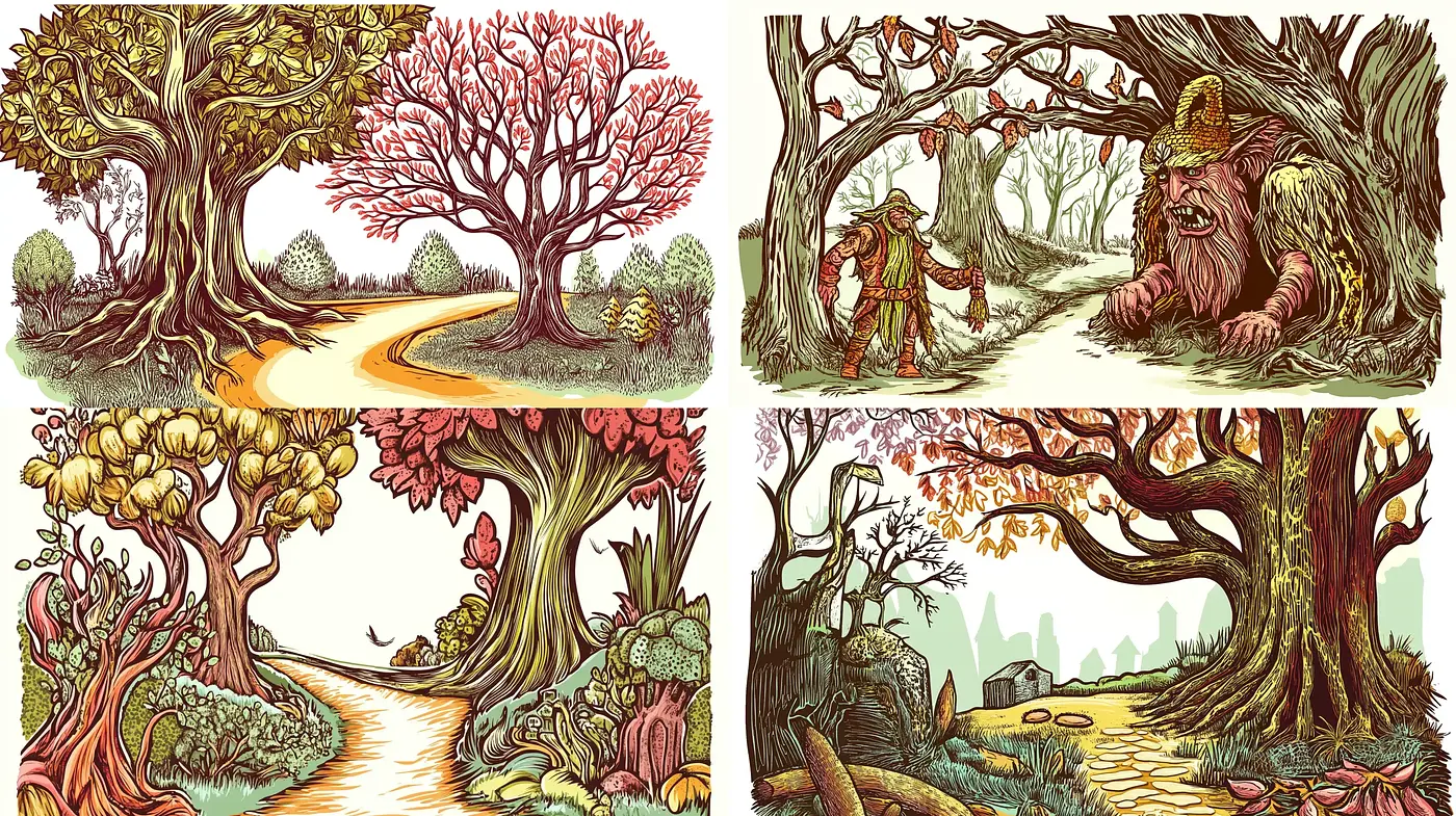 Enchanted Forest Whimsy: A Fusion of Nature and Fantasy in Illustration - Midjourney sref style