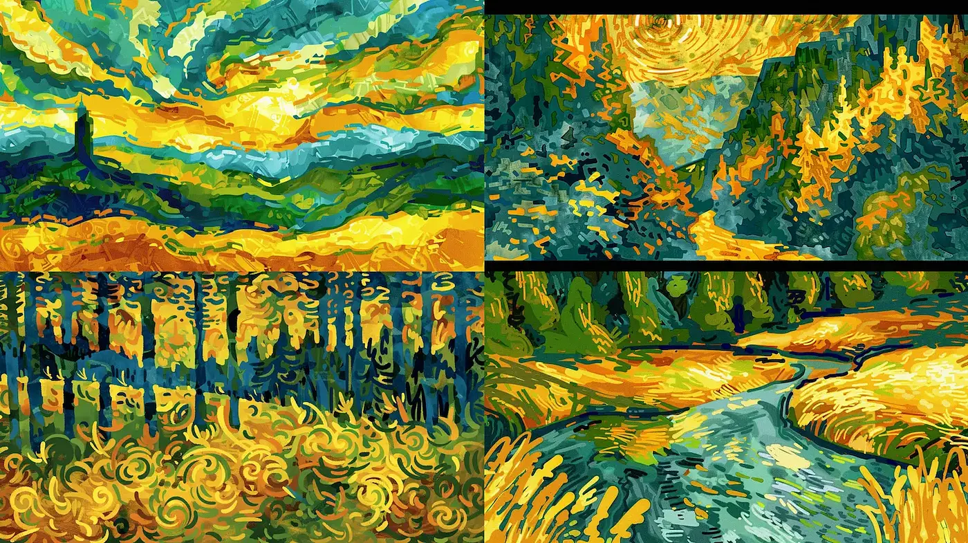 Vibrant and dynamic depiction of nature landscapes influenced by expressionist techniques - Midjourney sref style