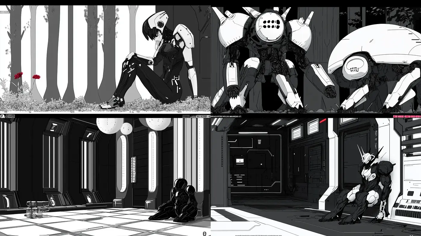 Monochromatic Cyber Dreamscape: A Fusion of Manga and High Contrast Graphic Novel Artistry - Midjourney sref style