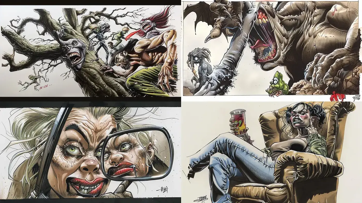 Dynamic and Expressive Comic Influence with Grotesque Elements - Midjourney sref style