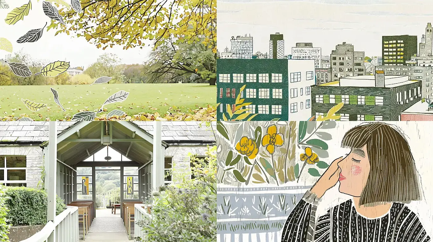 Eclectic blend of contemporary illustration and detailed architectural elements with a nostalgic touch - Midjourney sref style