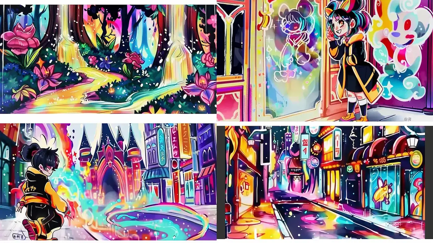 Vibrant and Whimsical Urban Fantasy with Neon Accents - Midjourney sref style