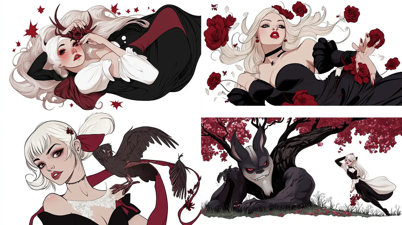 Ethereal Elegance in Monochrome and Crimson: An Artistic Homage to Gothic Romance - Midjourney sref style