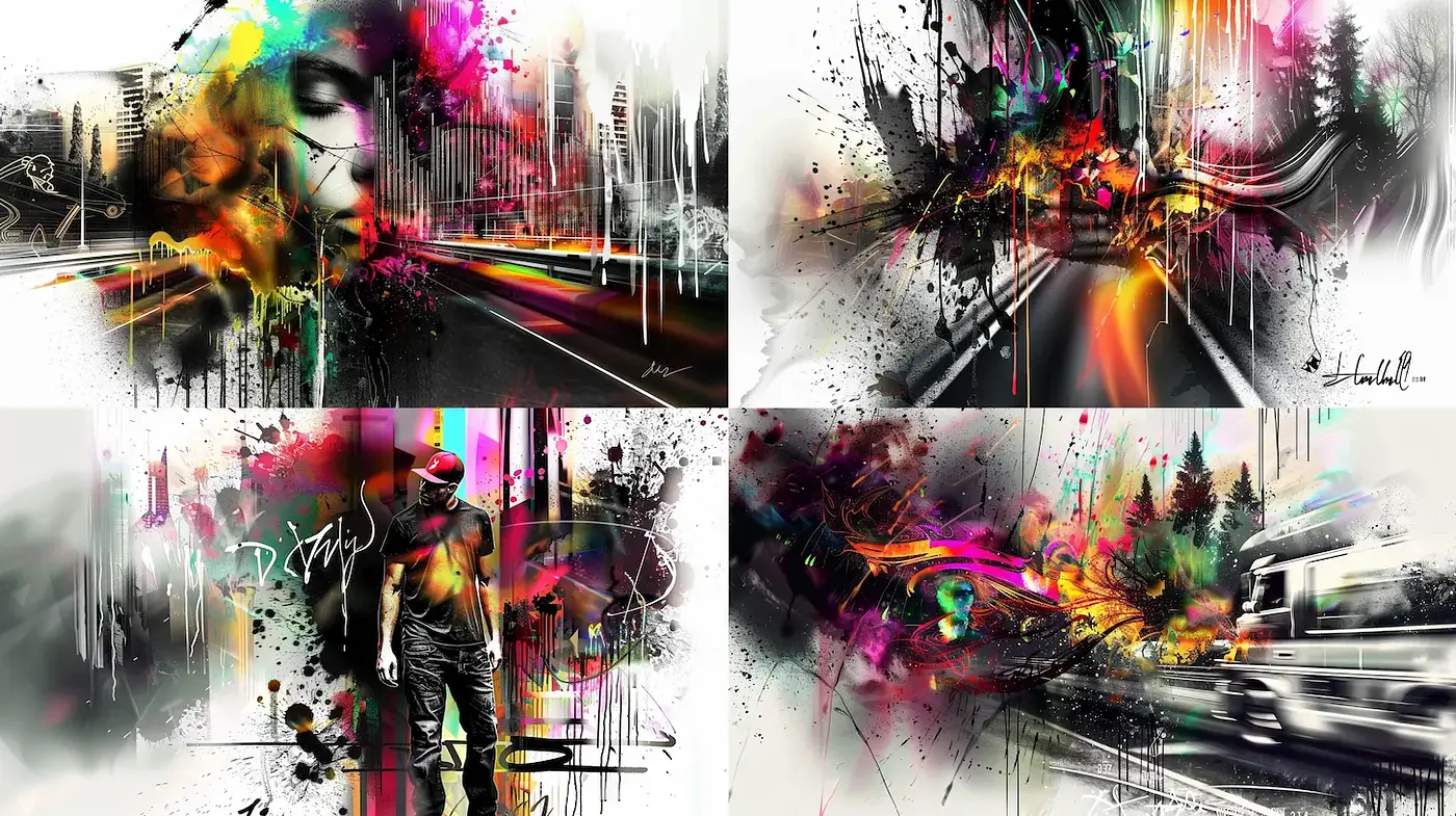 Dynamic and Vibrant Abstract Expressionism with Urban Influences - Midjourney sref style