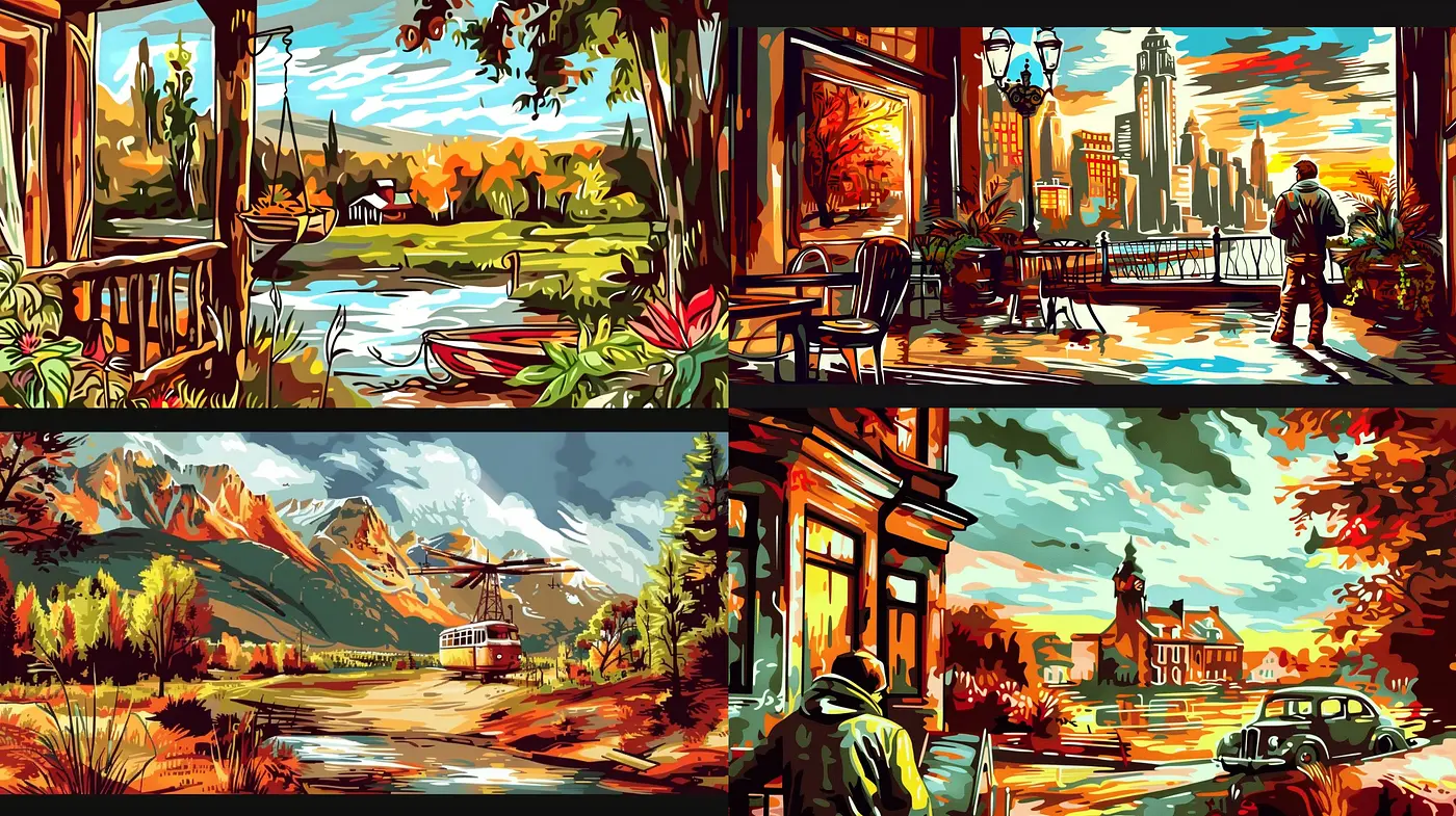 Ethereal Autumnal Reverie: A Luminous Homage to Stylized Natural and Urban Landscapes - Midjourney sref style