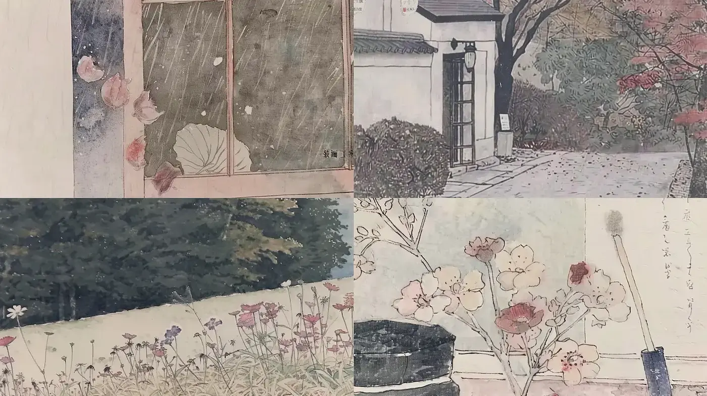 Calm and Serene Watercolor Landscape with Nature Elements - Midjourney sref style