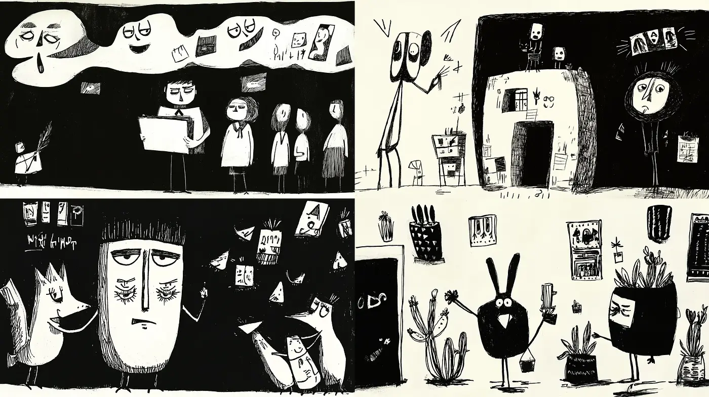 Whimsical Monochromatic Gouache Illustrations - Midjourney sref style