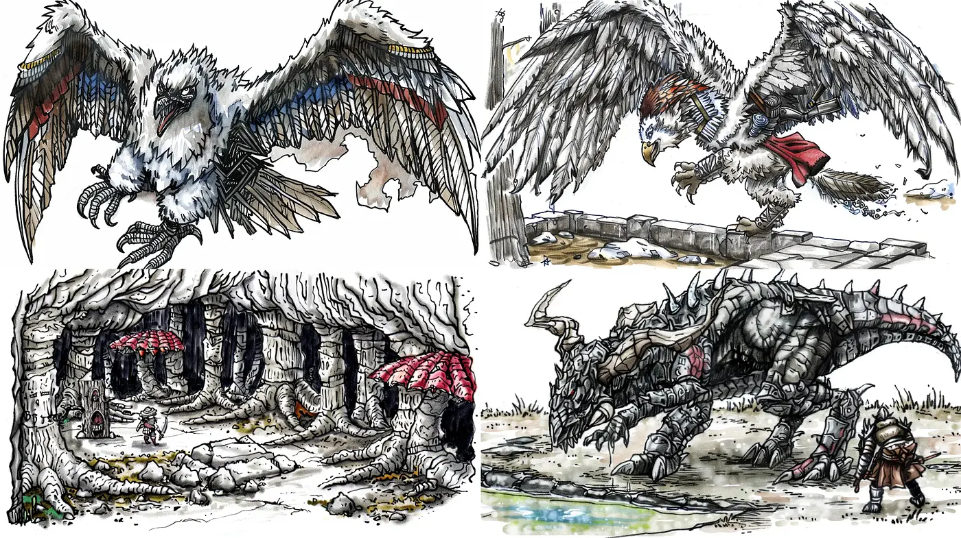 Mythical Beasts and Ruins: Pen-and-Ink Fantasy Illustration Style - Midjourney sref style