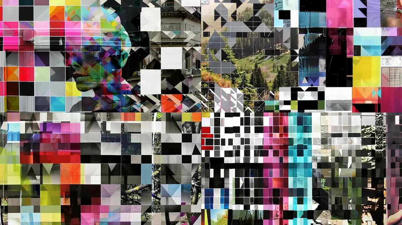 Dynamic and Fragmented Digital Collage with Vivid Color Play - Midjourney sref style