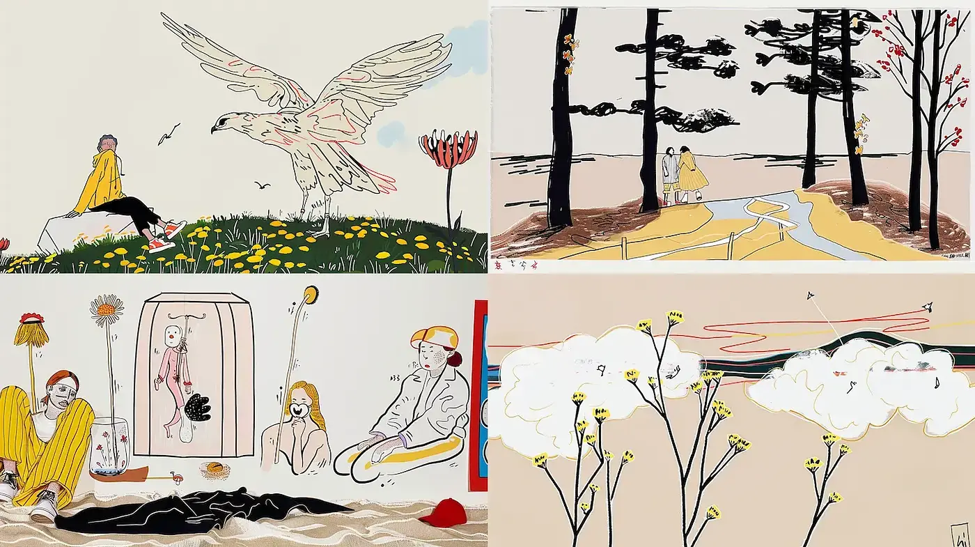 Eclectic Illustrative Style with Whimsical Natural Elements and Playful Undertones - Midjourney sref style