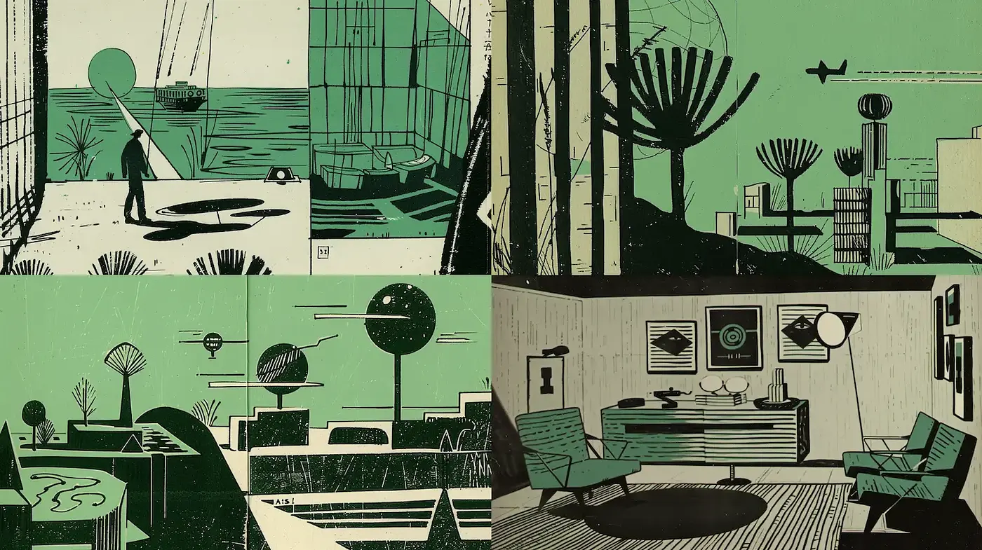 Stylized Mid-Century Modern Illustrations with a Distinctive Green Palette - Midjourney sref style