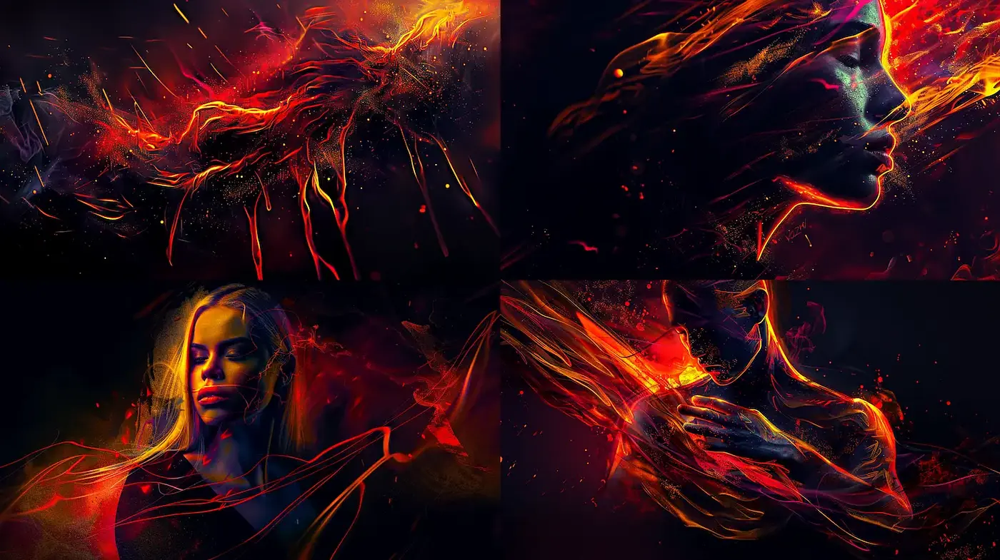 Dynamic and Ethereal Abstract Portraiture with Fiery Textures - Midjourney sref style