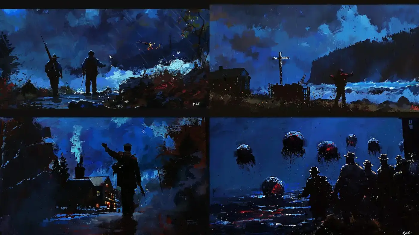 Nocturnal Symphony in Cerulean and Onyx: A Dark Atmospheric Exploration - Midjourney sref style
