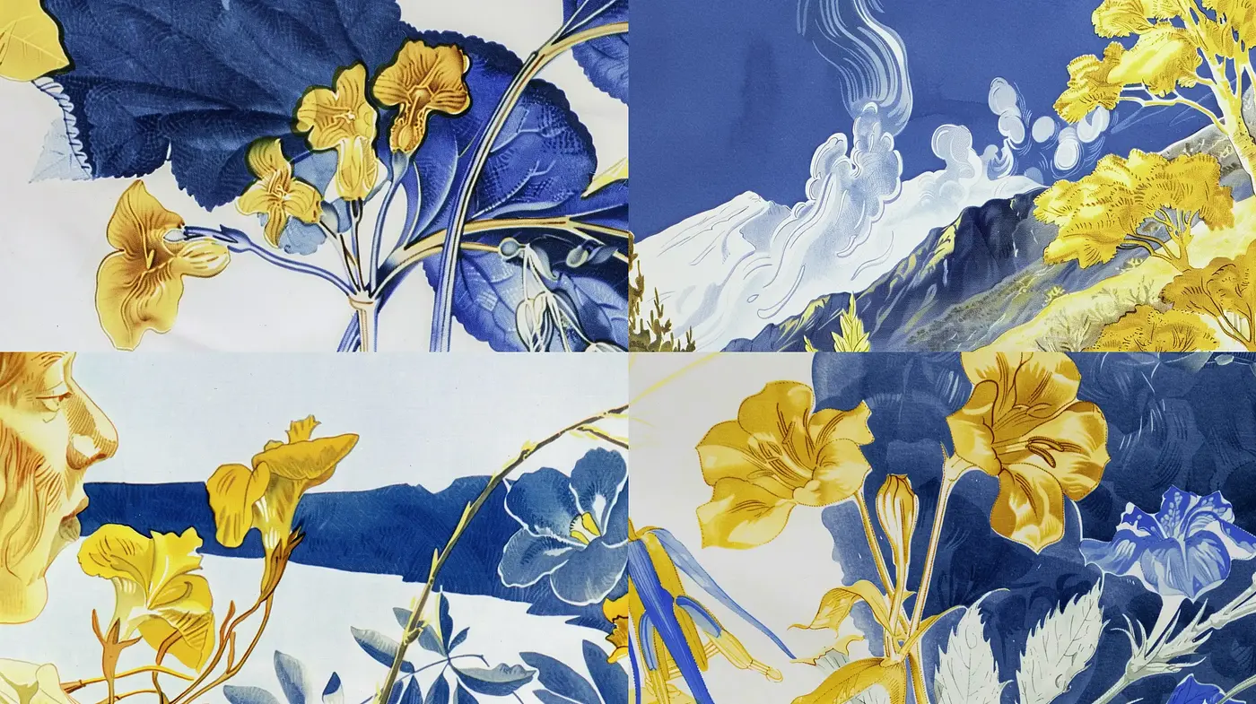 Serene Azure and Gold Botanical Dreamscapes - Midjourney sref style
