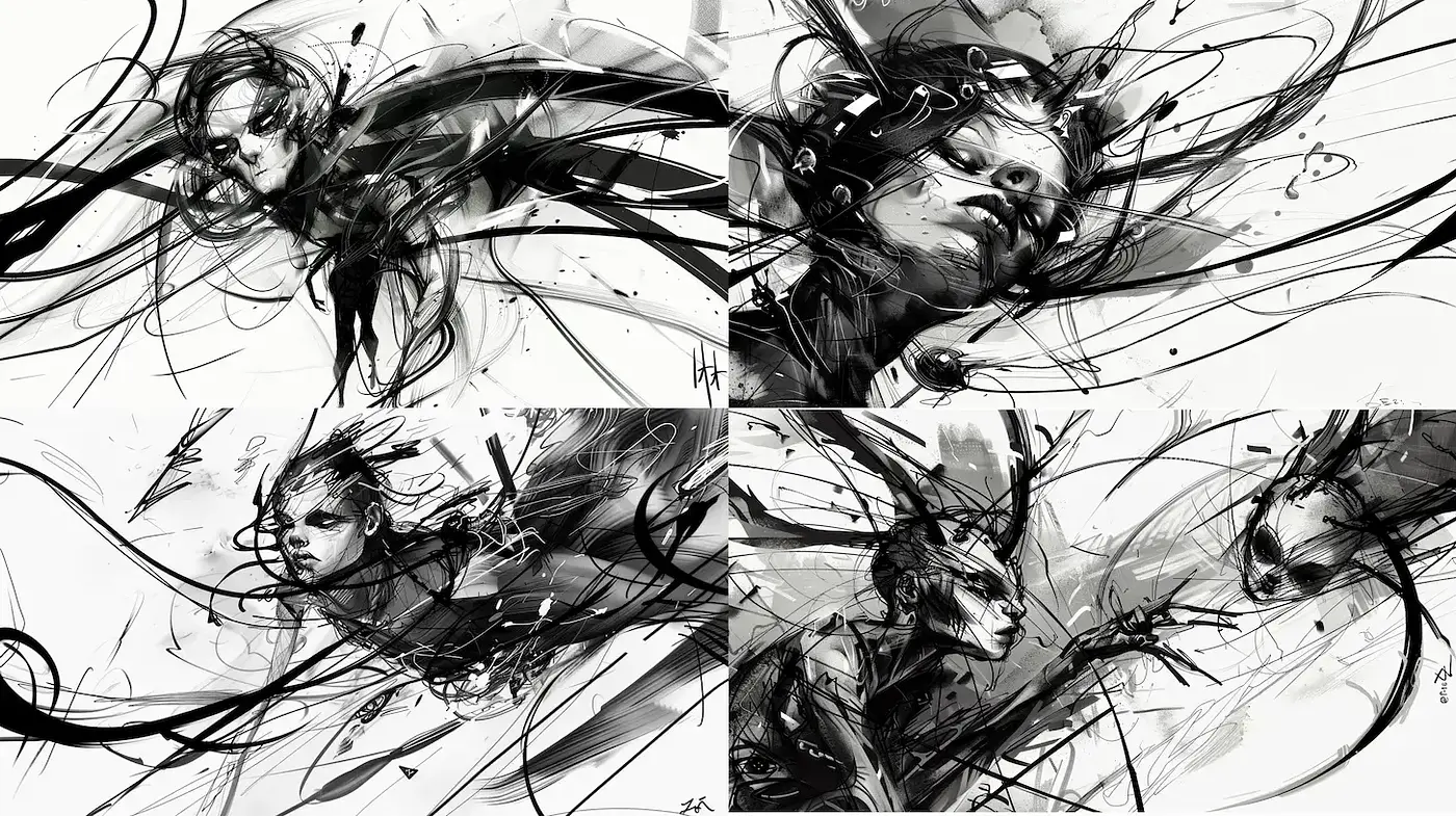 Dynamic Monochrome Expressions of Human Forms - Midjourney sref style