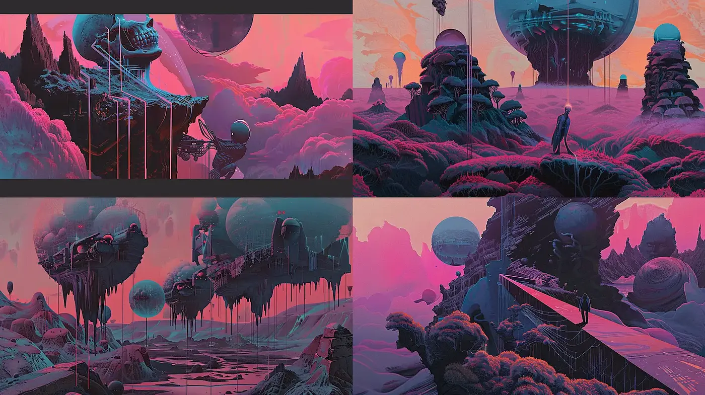 Surreal Futuristic Landscapes with Vivid Aesthetic - Midjourney sref style