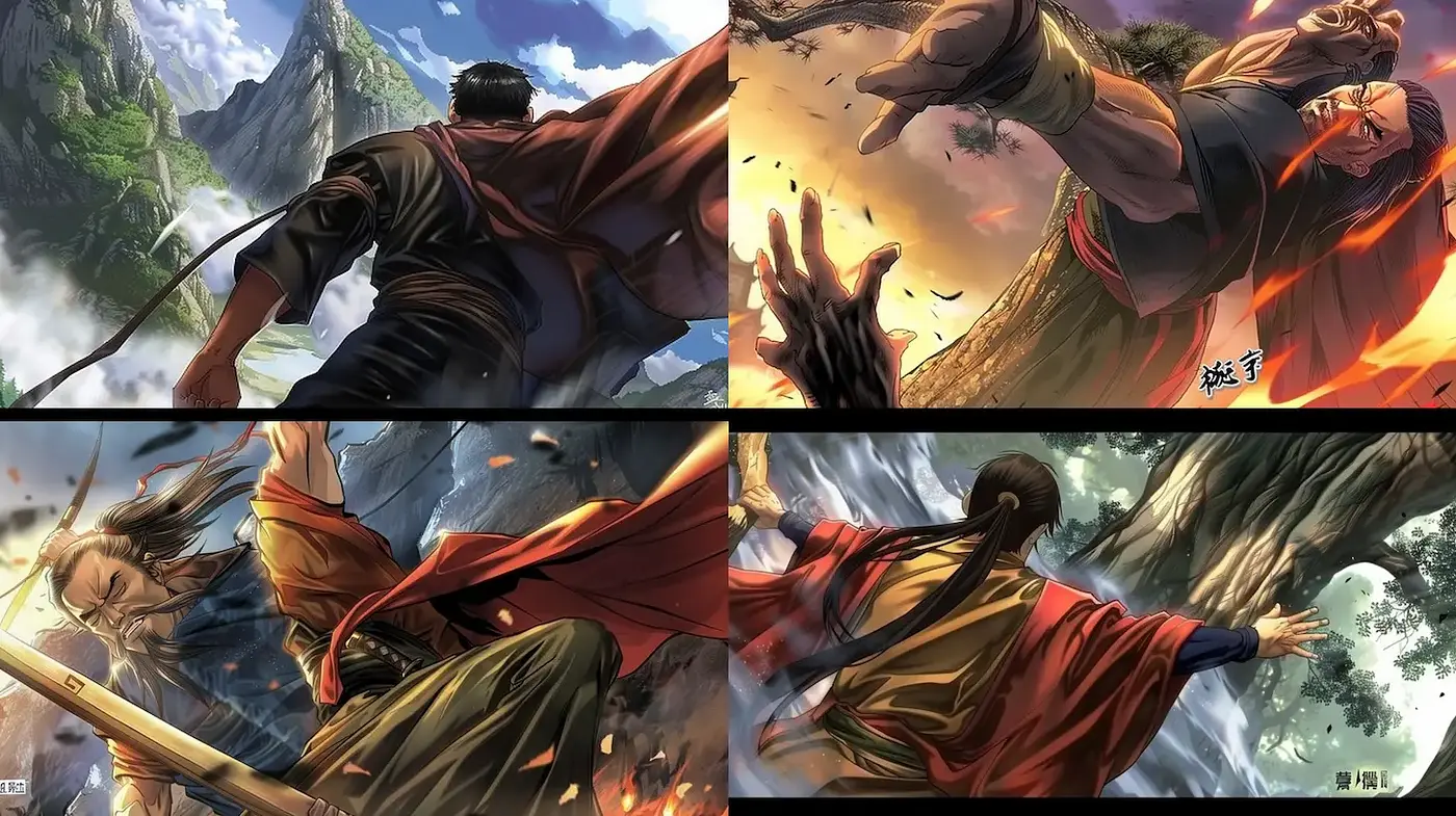 Dynamic Action-Packed Illustrations with Epic Landscapes and Characters - Midjourney sref style