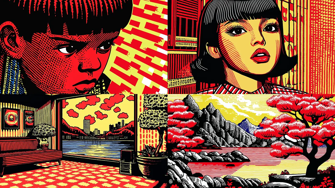 Vibrant Pop Art Tapestry with Bold Contours and Retro Comic Influence - Midjourney sref style