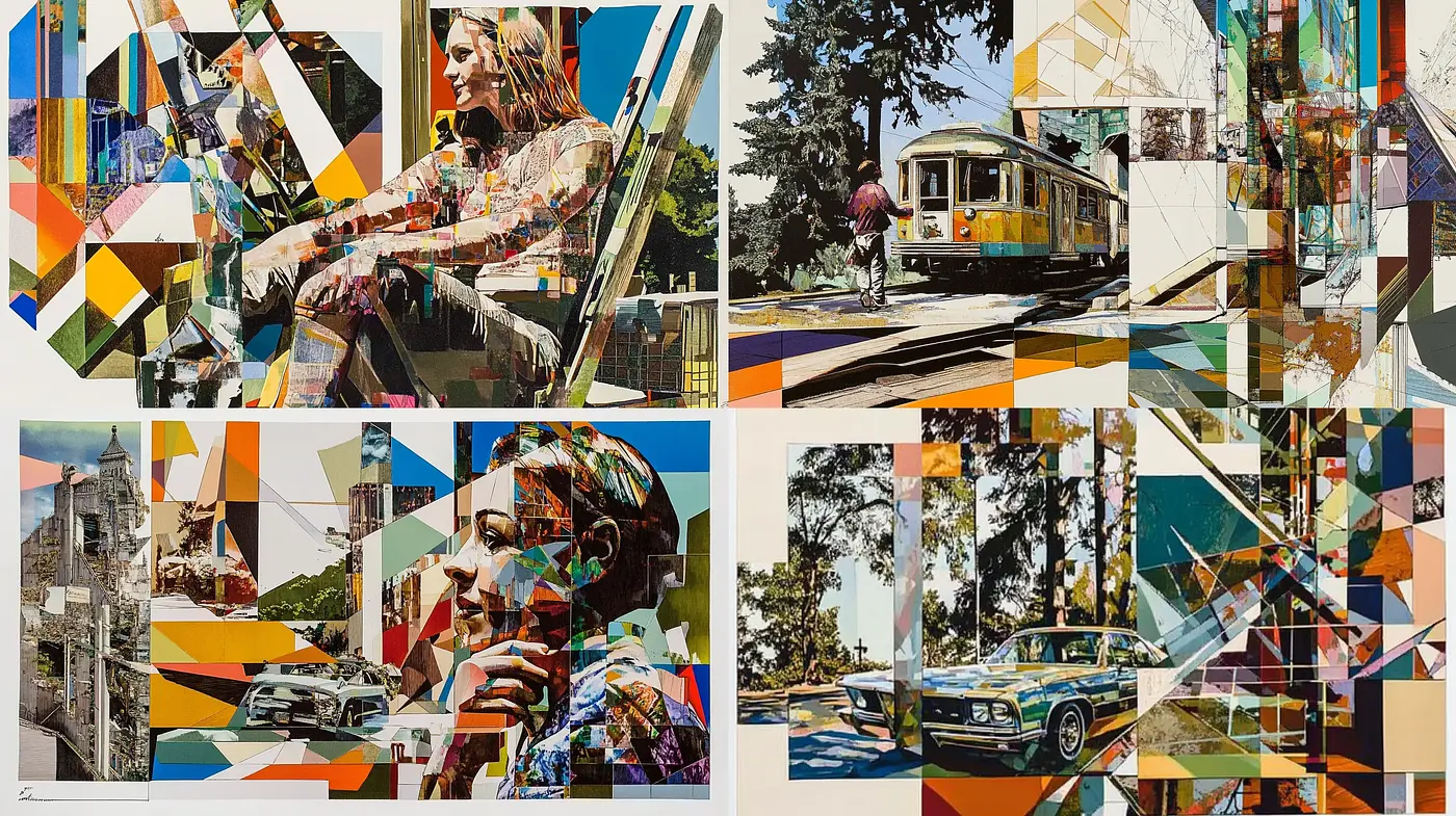 Fragmented Reality: A Fusion of Geometric Abstraction and Vivid Photo-realism - Midjourney sref style