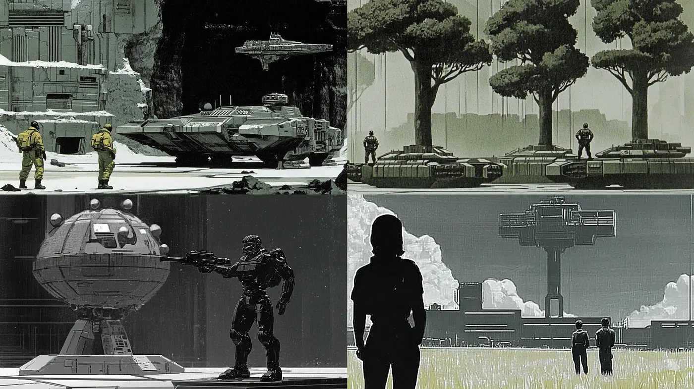 Futuristic Monochromatic Echoes: A Consistent Vision of Sci-Fi Nostalgia - Midjourney sref style