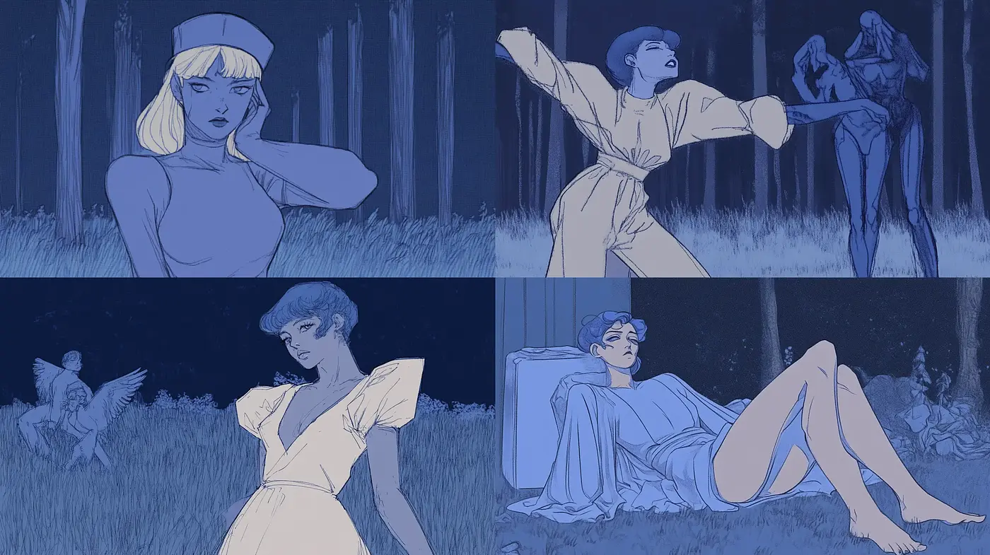 Nocturnal Blue Dreamscape with Expressive Linework - Midjourney sref style