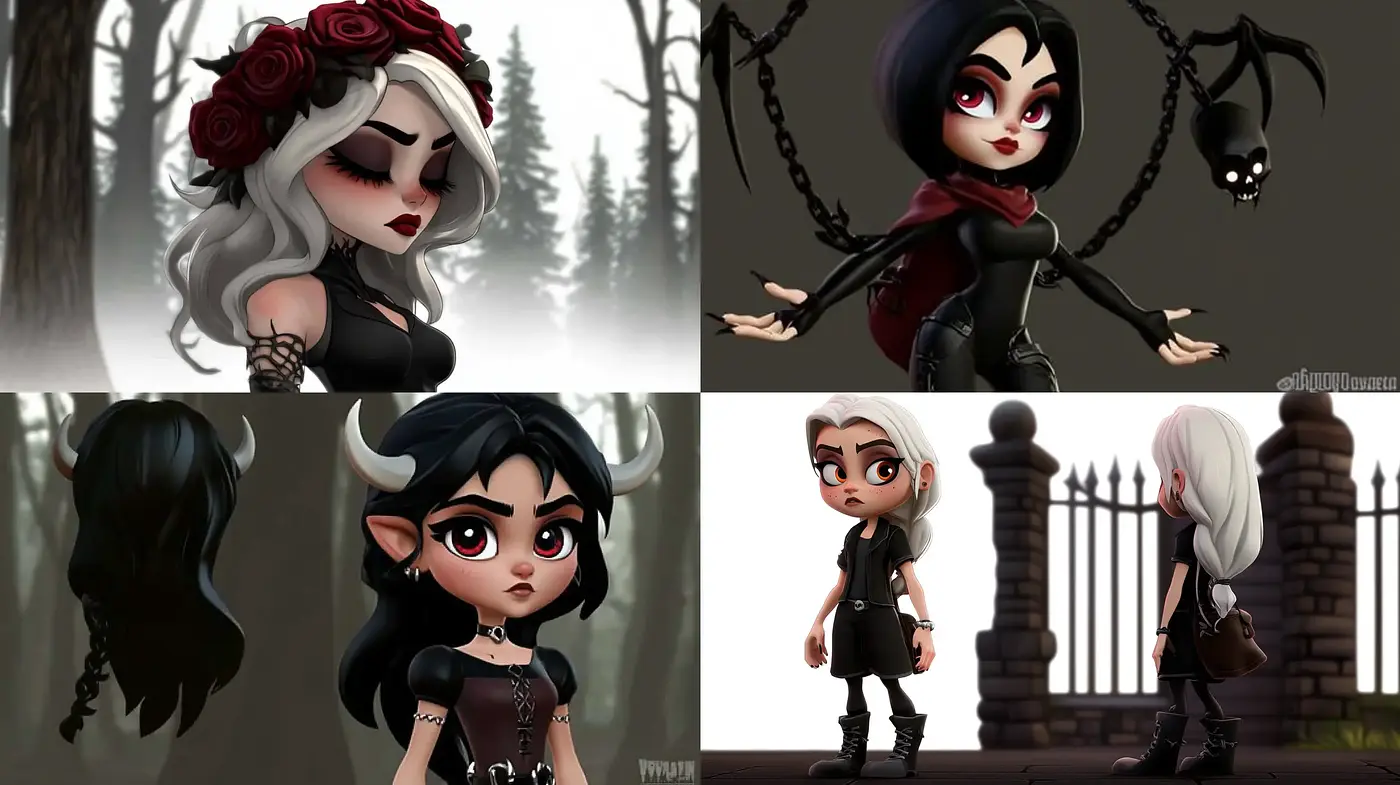 Gothic Elegance with Vibrant Accents in Stylized Animation - Midjourney sref style