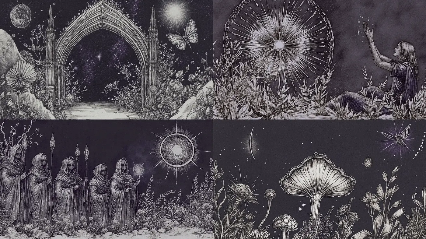 Mystical Nocturnal Dreamscape in Inked Illustrations - Midjourney sref style