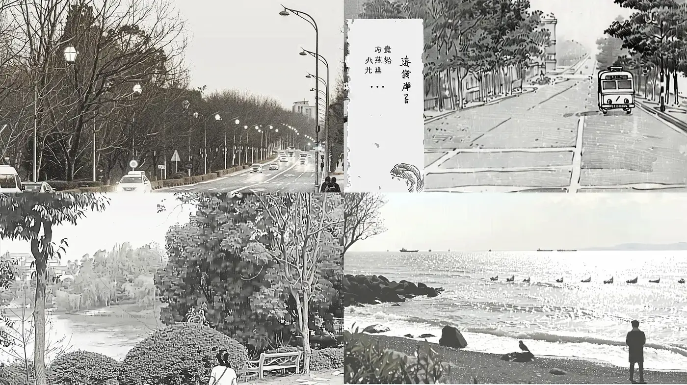 Monochromatic, nostalgic landscapes with a vintage photographic quality - Midjourney sref style