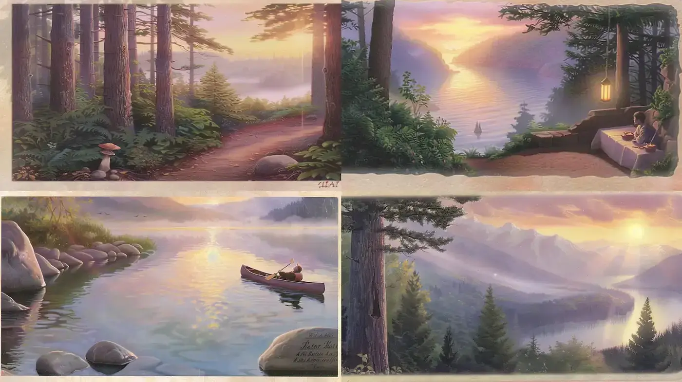 Serene Natural Landscapes with Dreamy Lighting and Textured Details - Midjourney sref style